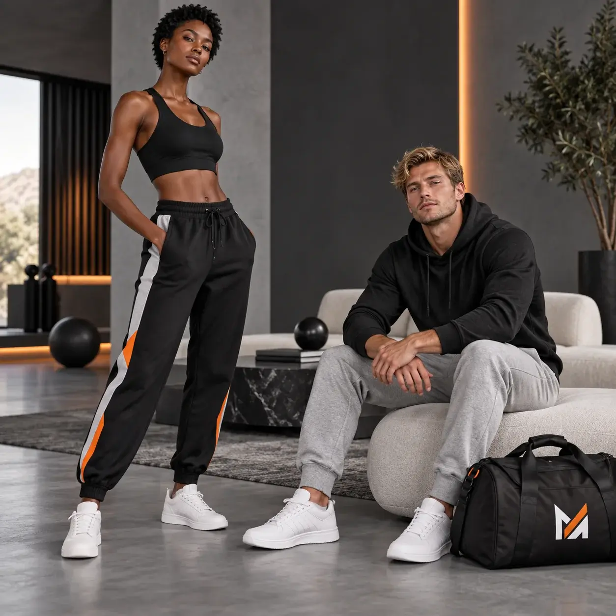 Olive green custom joggers with drawstring waist, side pockets, and Mega Apparel logo displayed on a mannequin in a modern apparel studio.